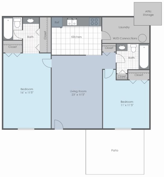 Two bedroom, two bath 2 dimensional floor plan.